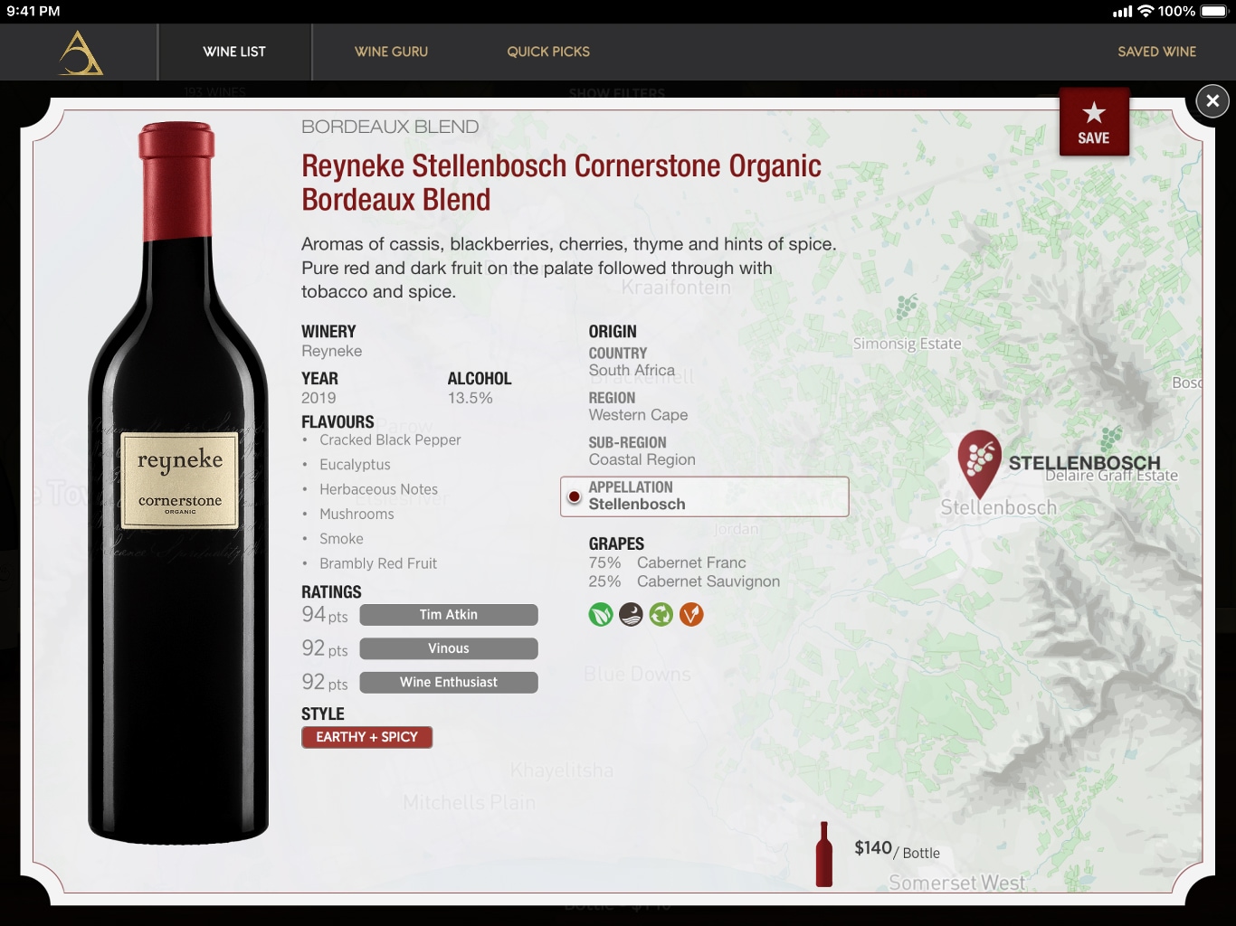 VINU's Wine Detail View featuring a full informational profile on vintage-specific wine selections